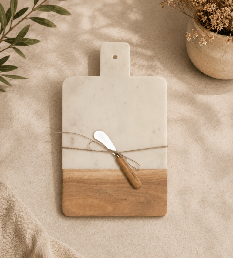 Tabla de cortar marmol acacia con cuchillo