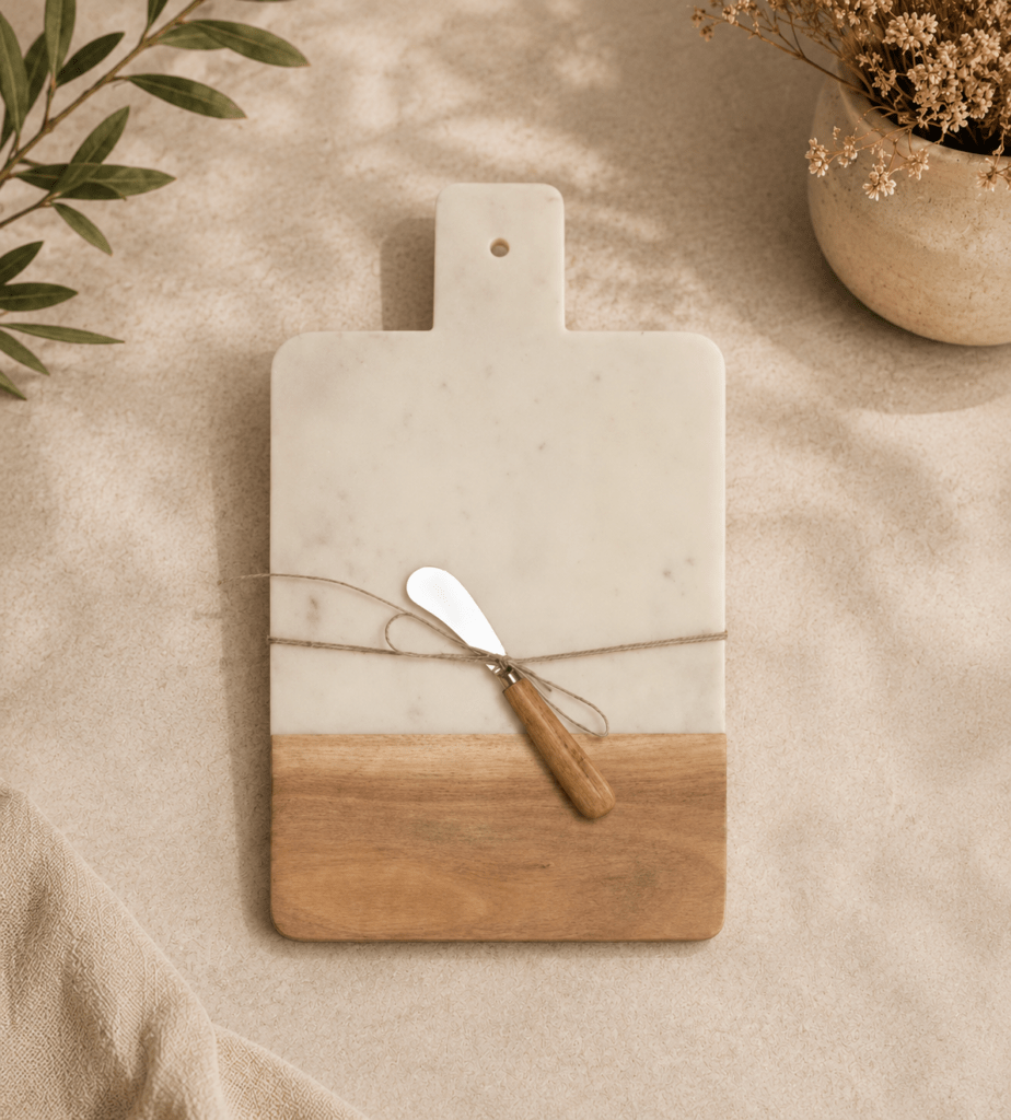 Tabla de cortar marmol acacia con cuchillo